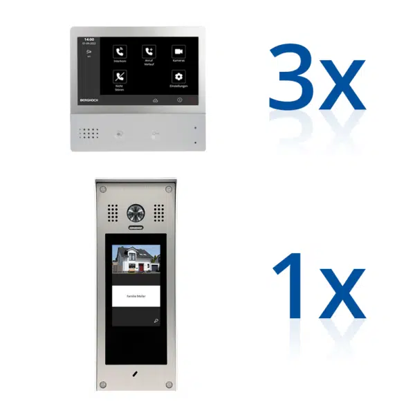 BERGHOCH | Hybrid IP 2-Draht | Türsprechanlage | B-TS100 Aufputz | Set | 3x Innenmonitor