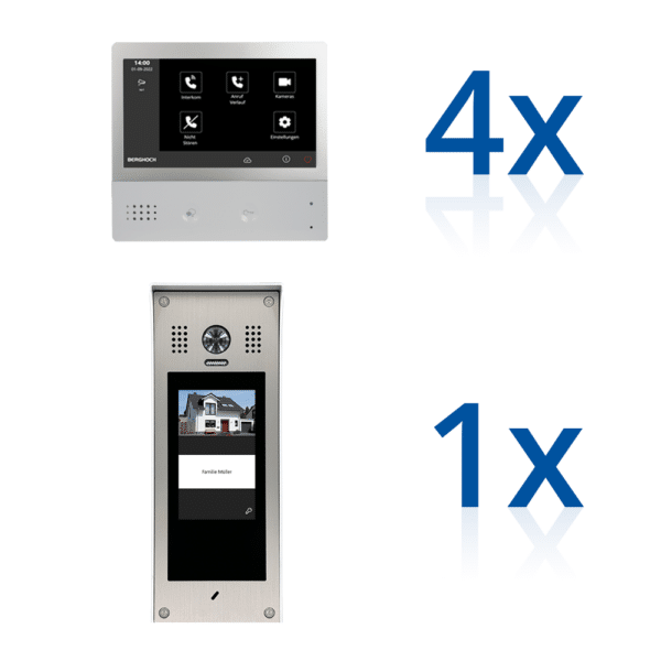 BERGHOCH | Hybrid IP 2-Draht | Türsprechanlage | B-TS100 Aufputz | Set | 4x Innenmonitor